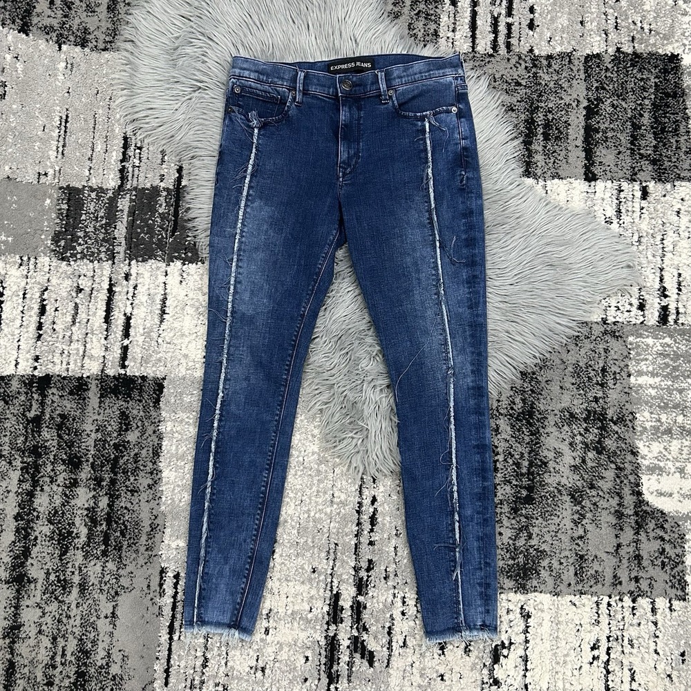 Express Dark Wash Mid Rise Front Fringe Seam Skinny Denim Legging Size 10L